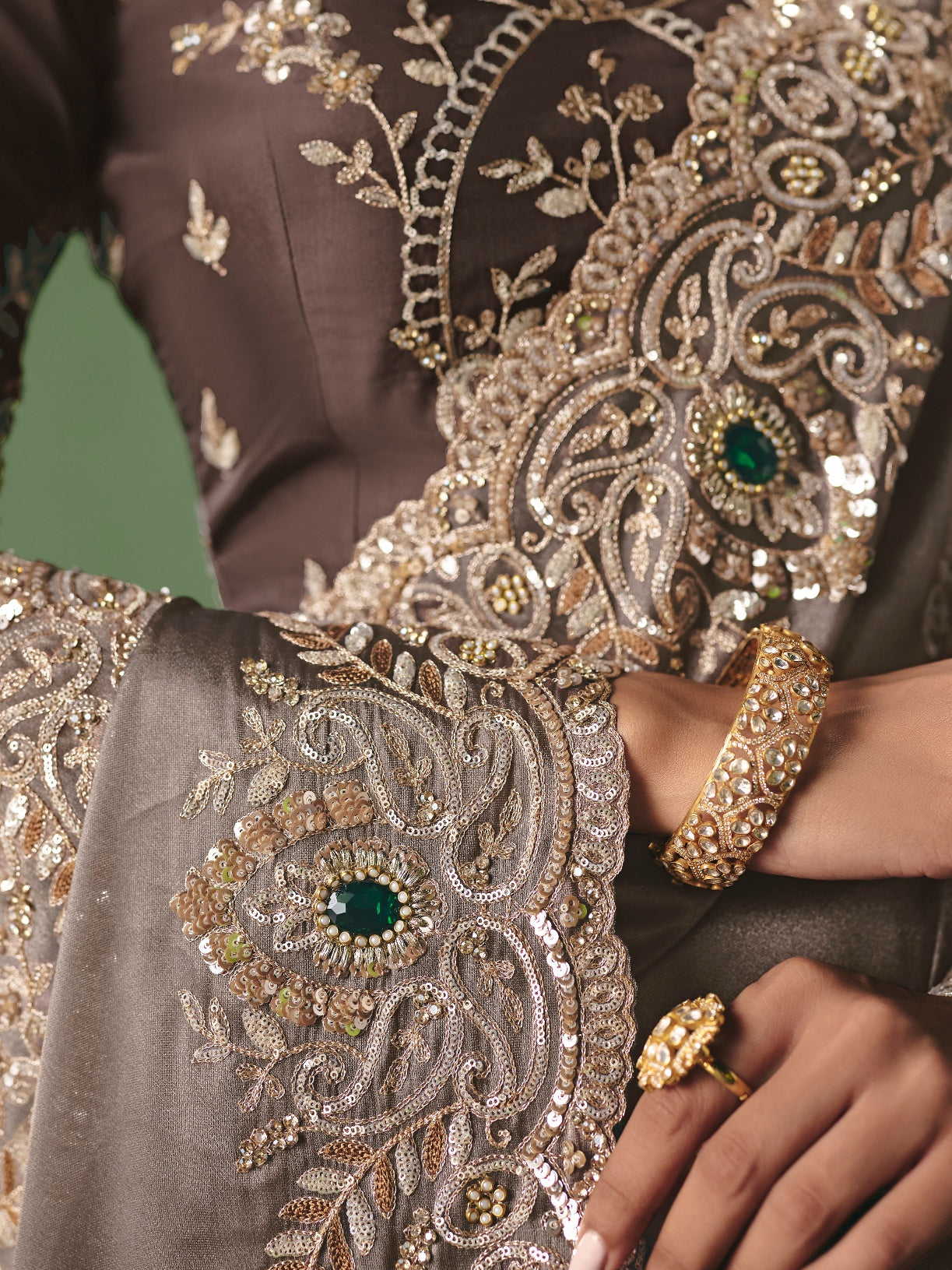 Taupe Brown Designer Saree with Rich Embroidery Work