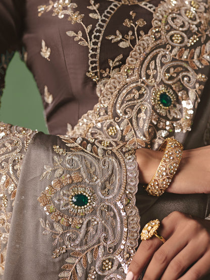 Taupe Brown Designer Saree with Rich Embroidery Work