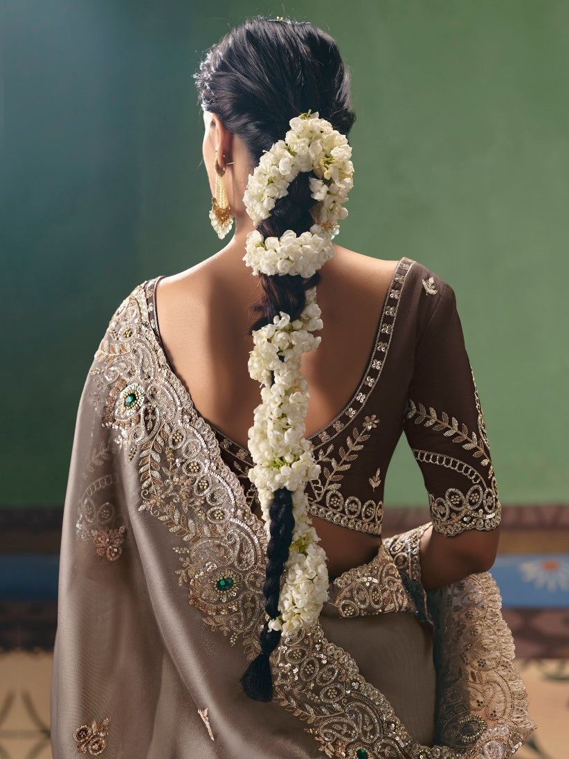 Taupe Brown Designer Saree with Rich Embroidery Work