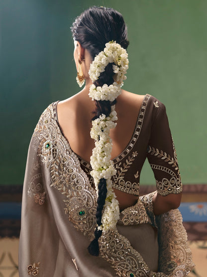 Taupe Brown Designer Saree with Rich Embroidery Work