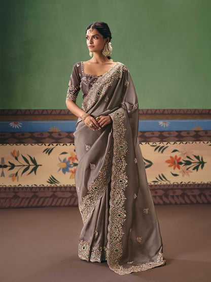Taupe Brown Designer Saree with Rich Embroidery Work