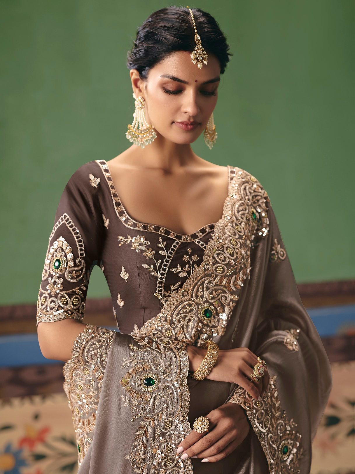 Taupe Brown Designer Saree with Rich Embroidery Work