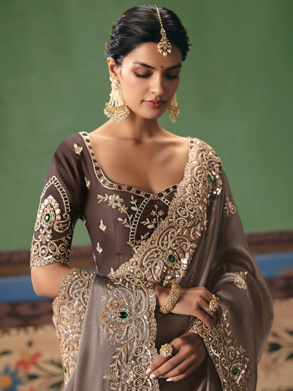 Taupe Brown Designer Saree with Rich Embroidery Work