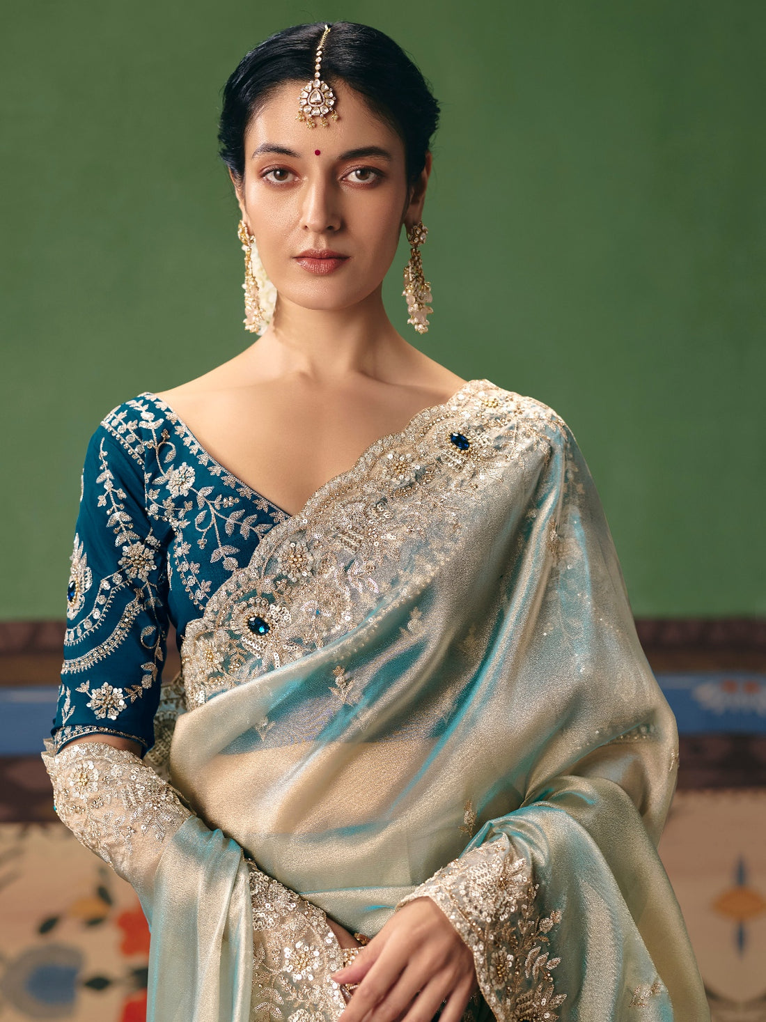 Ice Blue Designer Saree with Pearl &amp; Sequins Embroidery