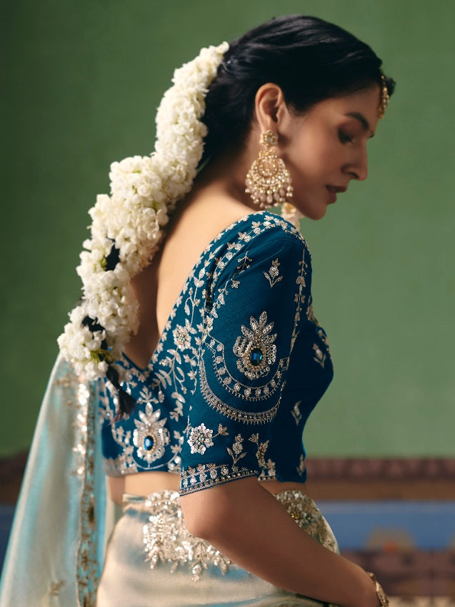 Ice Blue Designer Saree with Pearl &amp; Sequins Embroidery