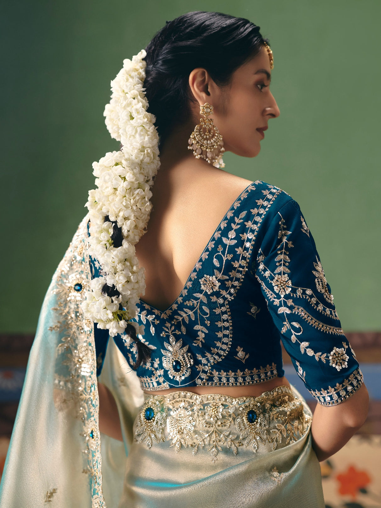 Ice Blue Designer Saree with Pearl &amp; Sequins Embroidery