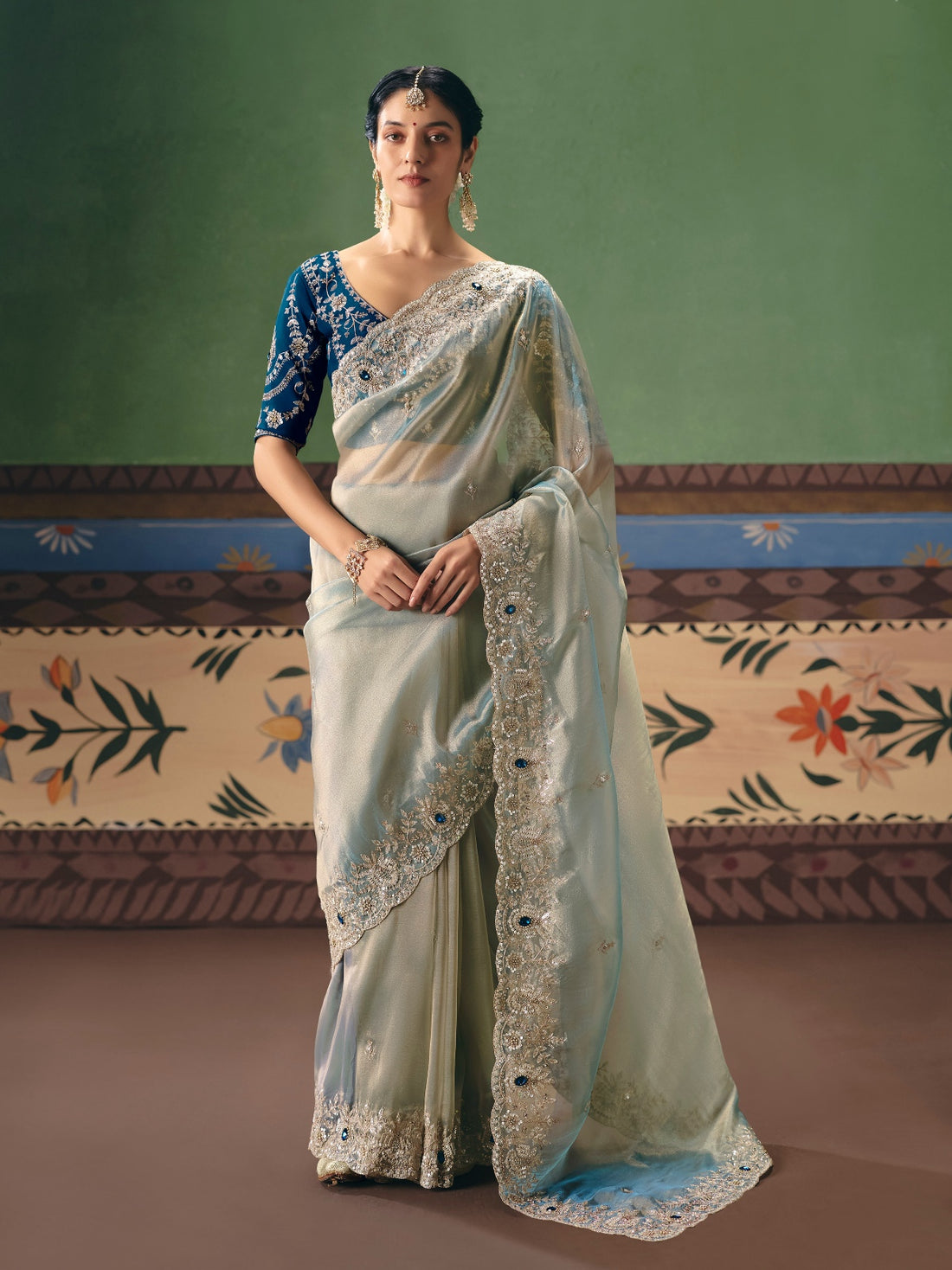 Ice Blue Designer Saree with Pearl &amp; Sequins Embroidery