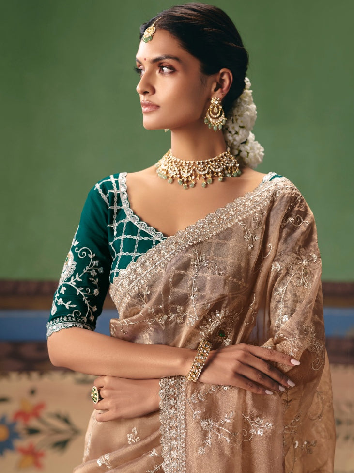 Beige Nude Designer Saree with Elegant Embroidery Work