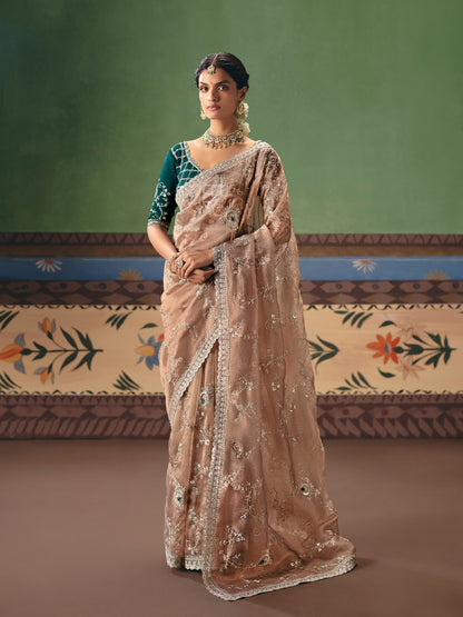Beige Nude Designer Saree with Elegant Embroidery Work
