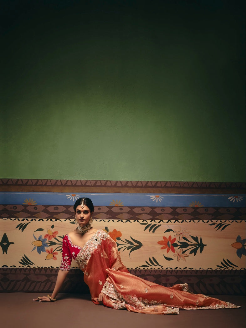 Orange Festive Saree with Heavy Embroidery &amp; Sequins