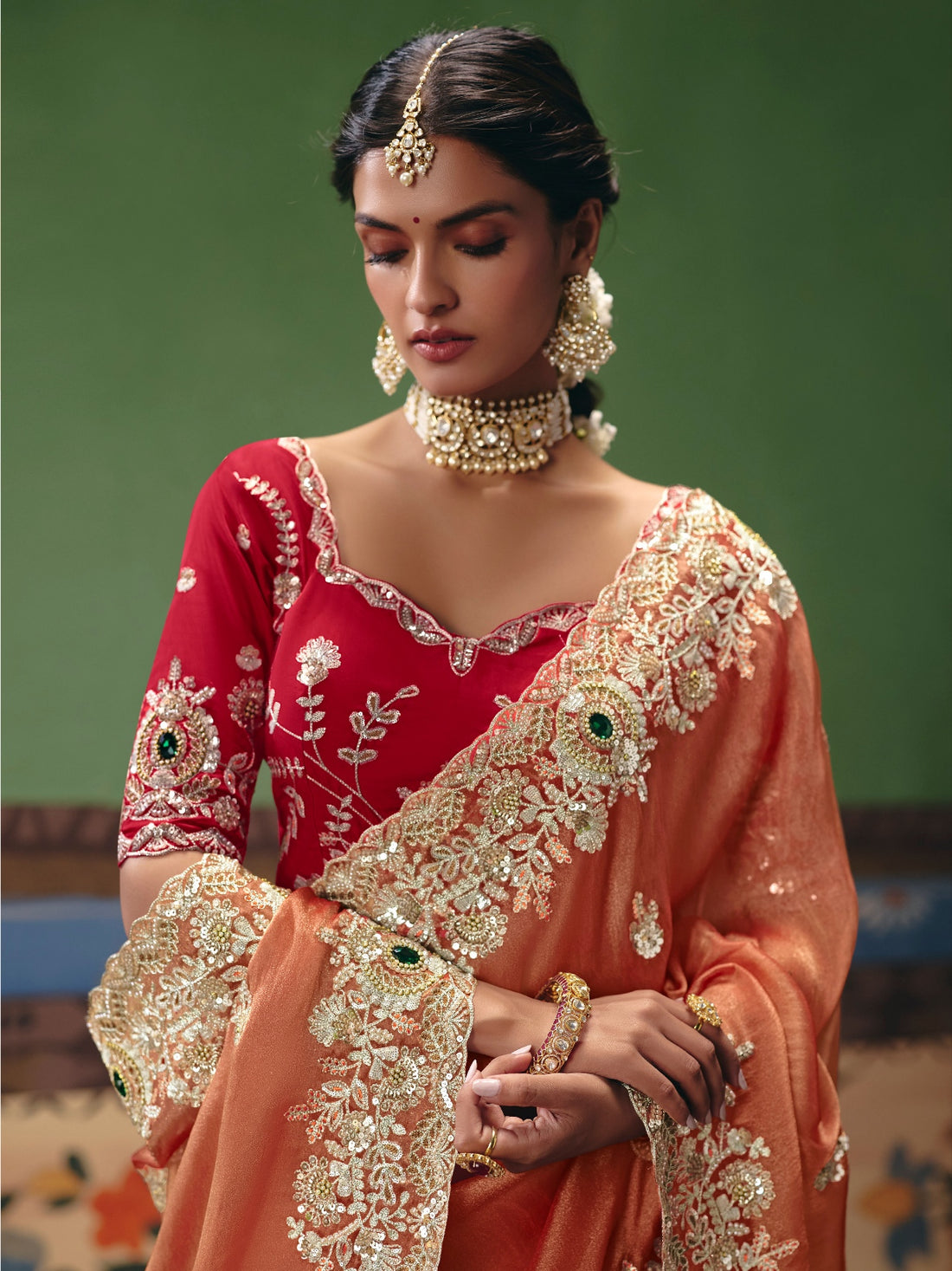 Orange Festive Saree with Heavy Embroidery &amp; Sequins