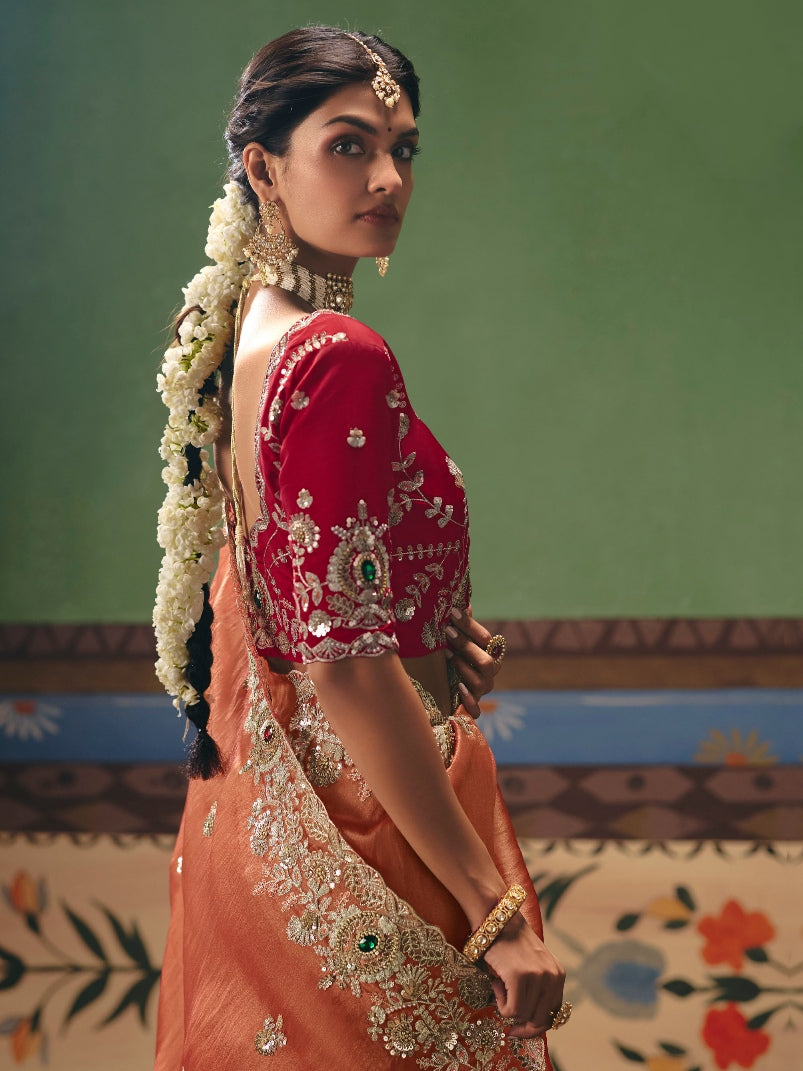 Orange Festive Saree with Heavy Embroidery &amp; Sequins