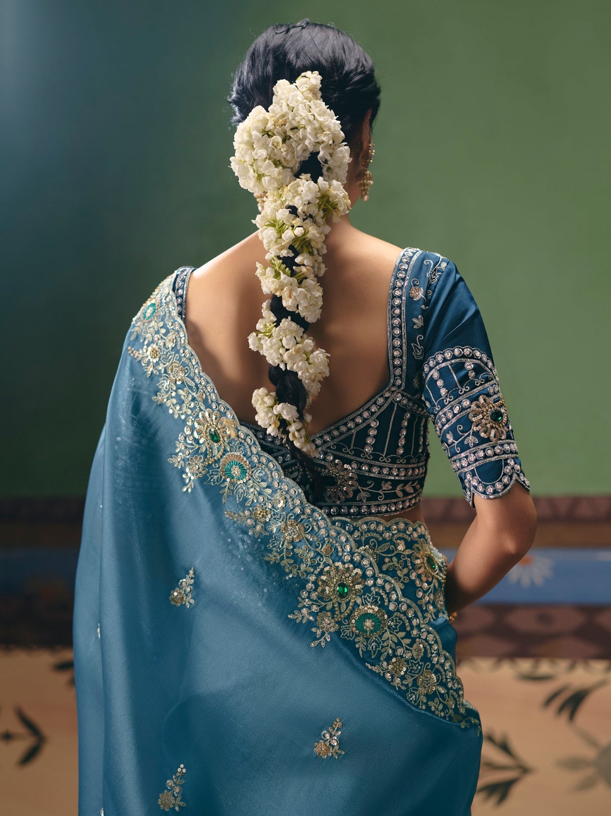 Steel Blue Designer Saree with Intricate Embroidery Work