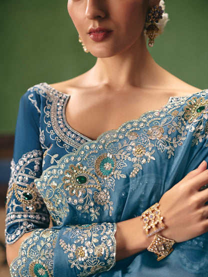 Steel Blue Designer Saree with Intricate Embroidery Work