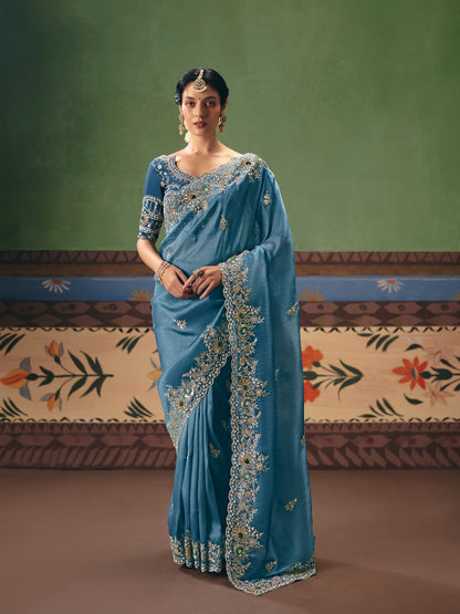 Steel Blue Designer Saree with Intricate Embroidery Work