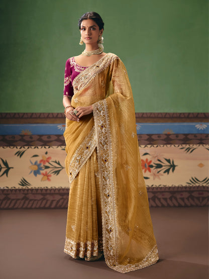Mustard Yellow Designer Saree with Rich Embroidery Border