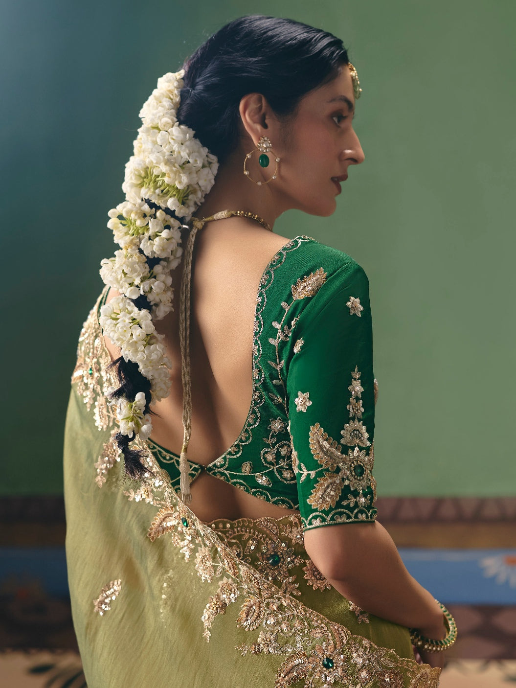 Olive Green Festive Saree with Floral Embroidery &amp; Sequins