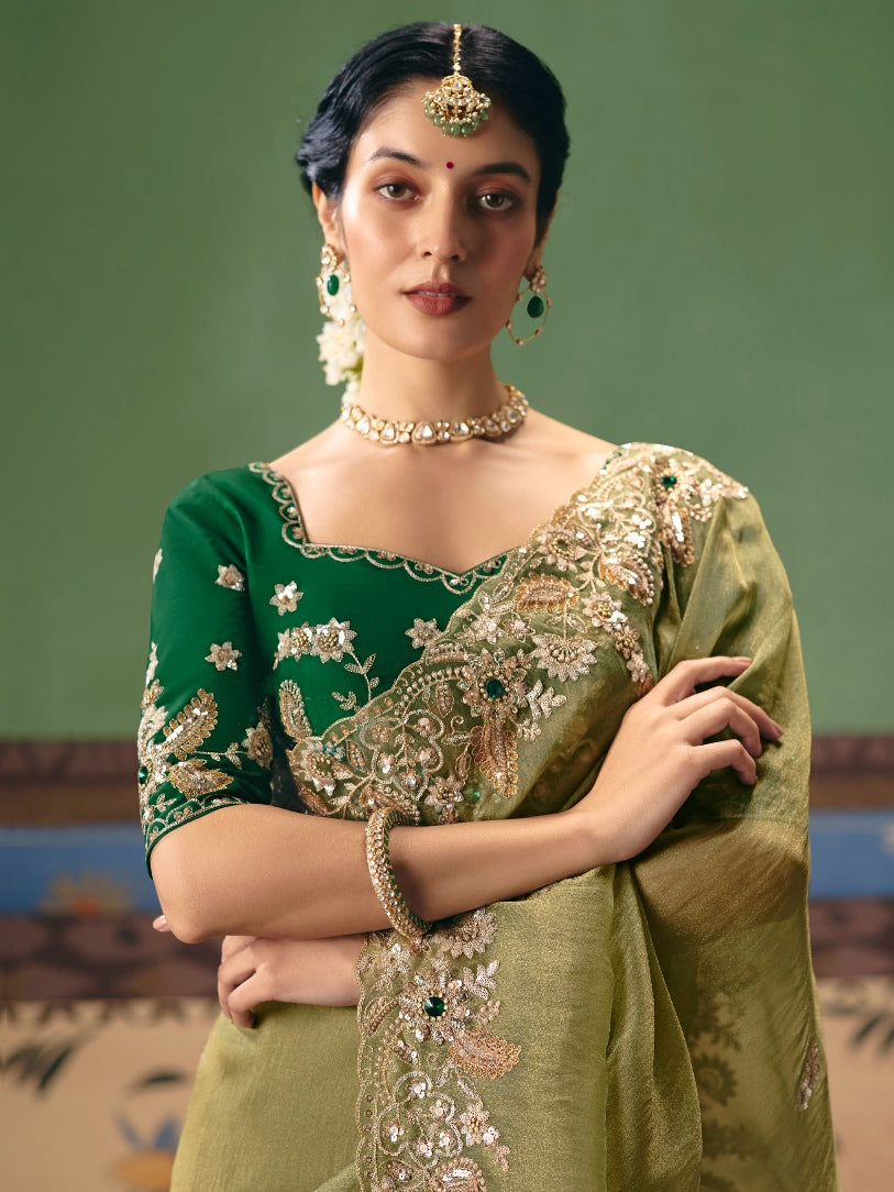 Olive Green Festive Saree with Floral Embroidery &amp; Sequins