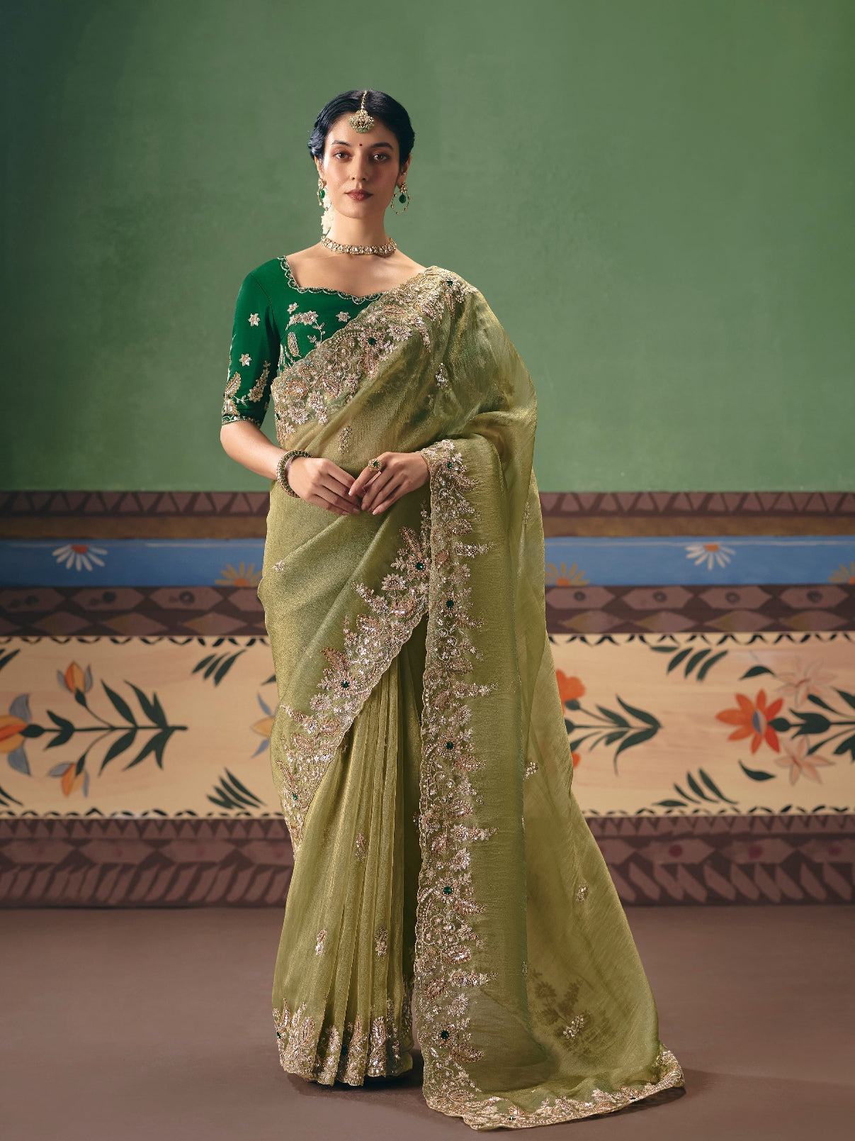Olive Green Festive Saree with Floral Embroidery &amp; Sequins
