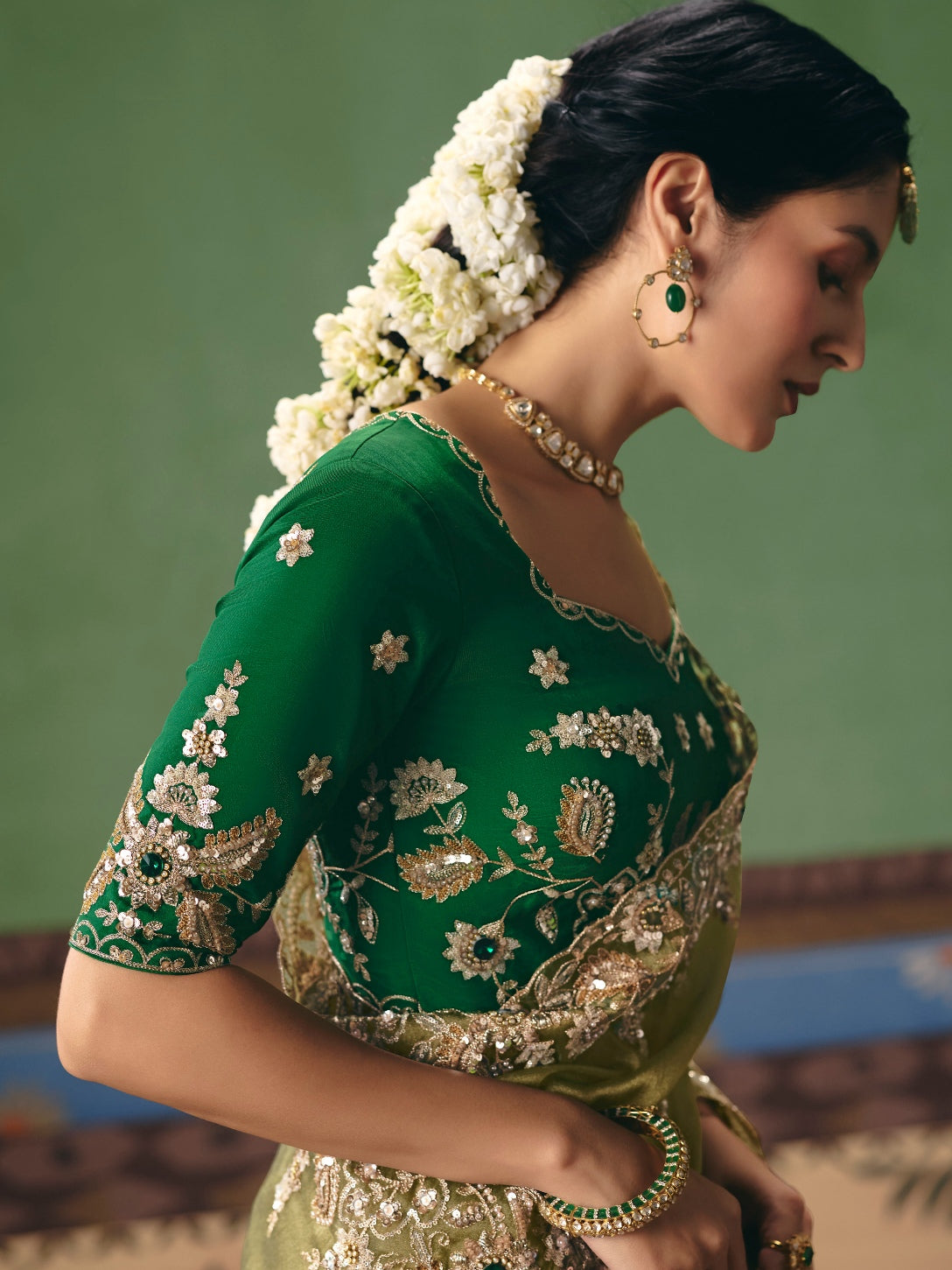 Olive Green Festive Saree with Floral Embroidery &amp; Sequins