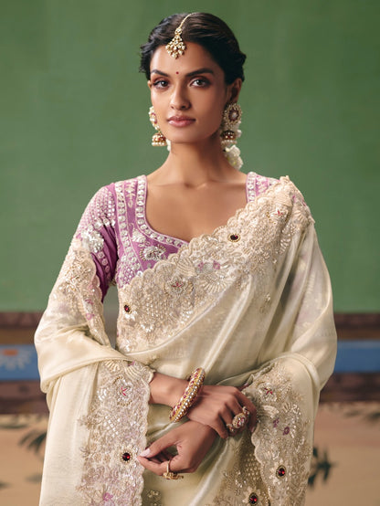 Ivory White Designer Saree with Heavy Embroidery &amp; Stone Work