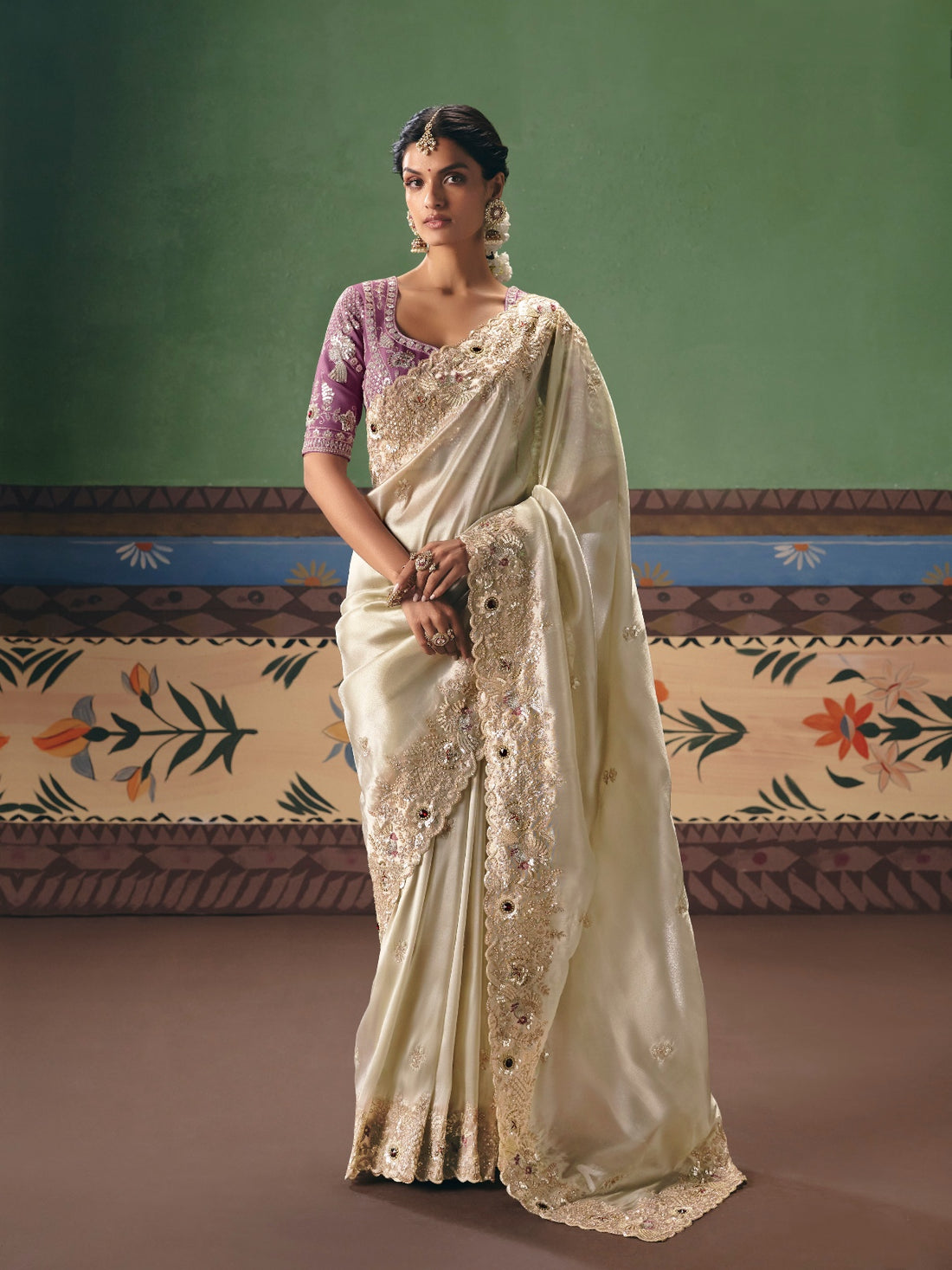Ivory White Designer Saree with Heavy Embroidery &amp; Stone Work