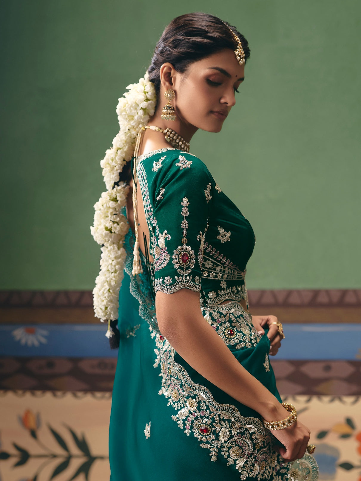 Emerald Green Heavy Embroidered Saree with Sequins Border