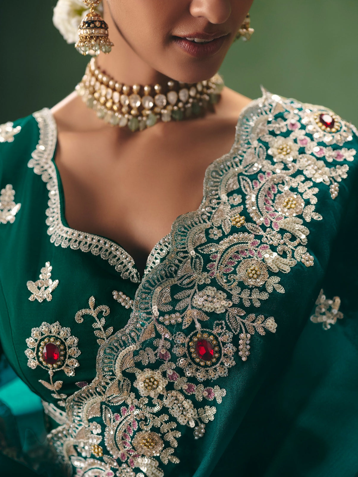 Emerald Green Heavy Embroidered Saree with Sequins Border