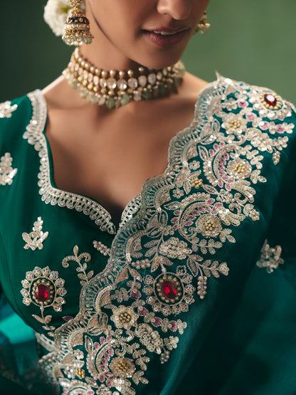 Emerald Green Heavy Embroidered Saree with Sequins Border