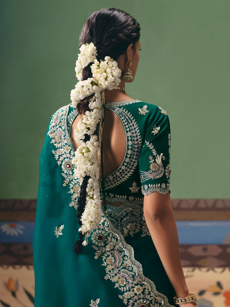 Emerald Green Heavy Embroidered Saree with Sequins Border