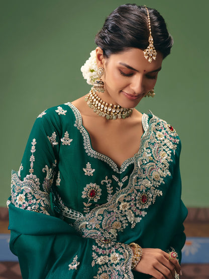 Emerald Green Heavy Embroidered Saree with Sequins Border