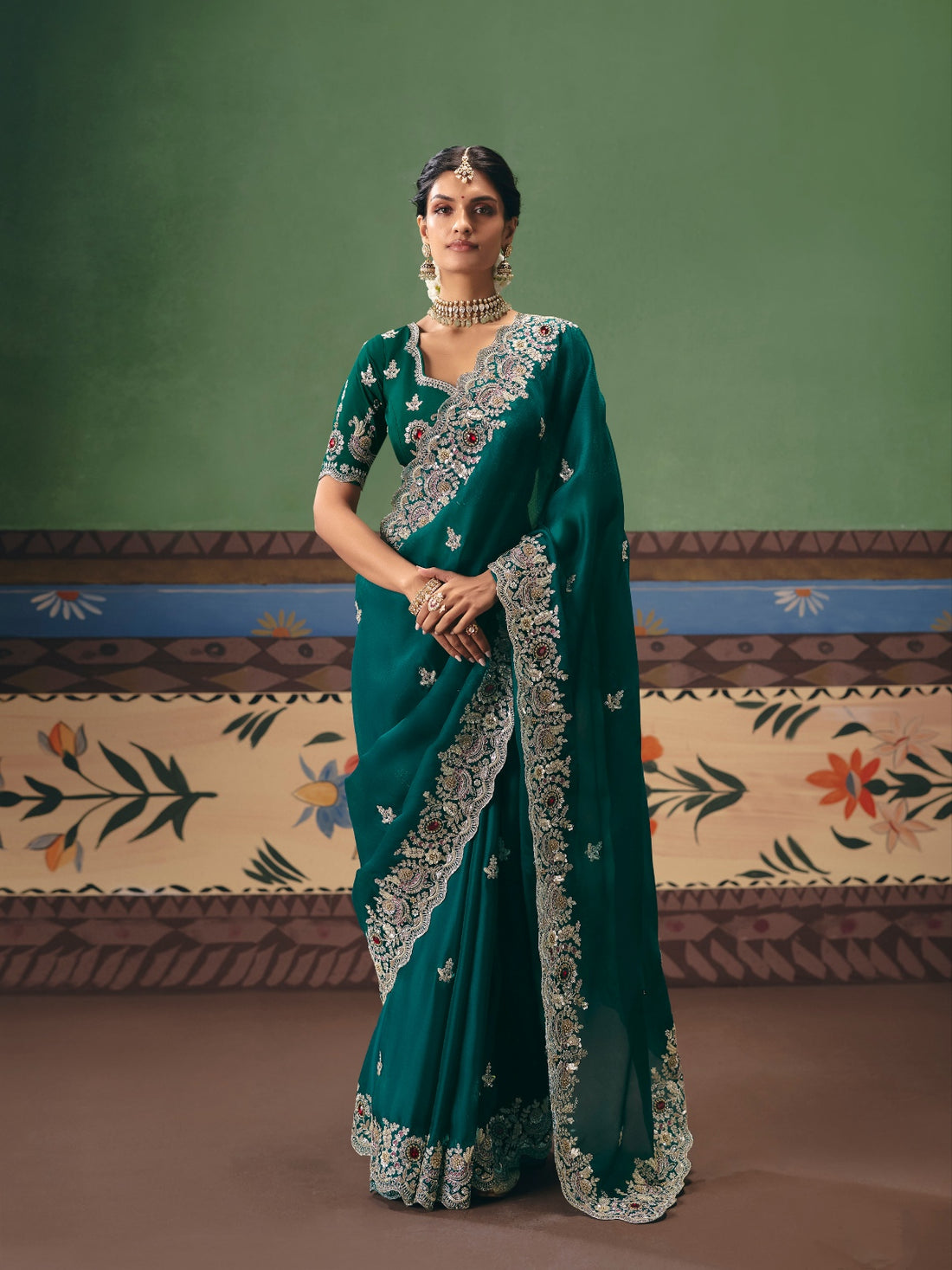 Emerald Green Heavy Embroidered Saree with Sequins Border