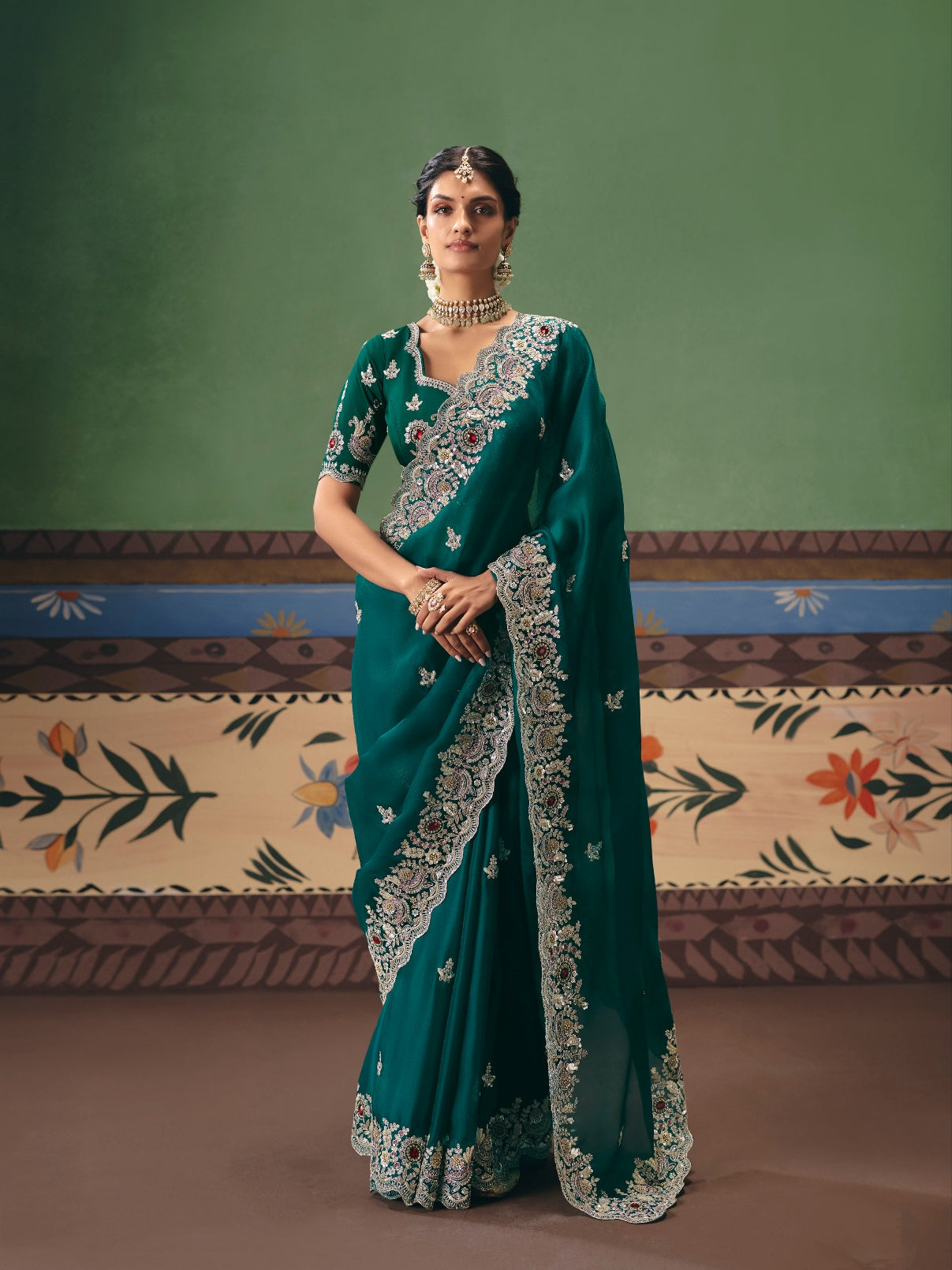 Emerald Green Heavy Embroidered Saree with Sequins Border