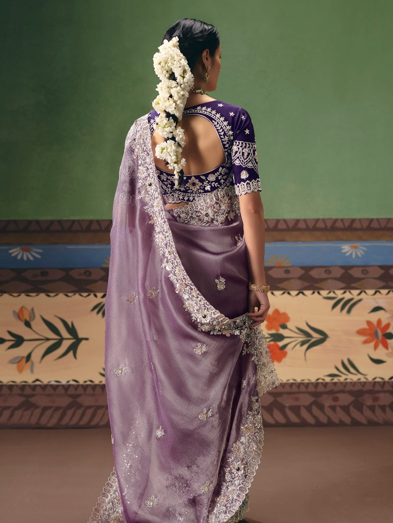 Lavender Purple Designer Embroidered Saree with Sequins &amp; Pearl Work
