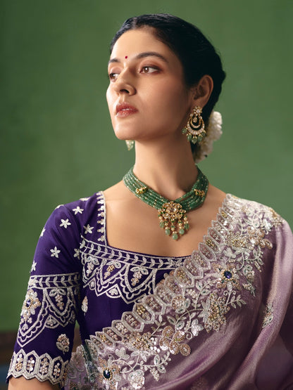 Lavender Purple Designer Embroidered Saree with Sequins &amp; Pearl Work
