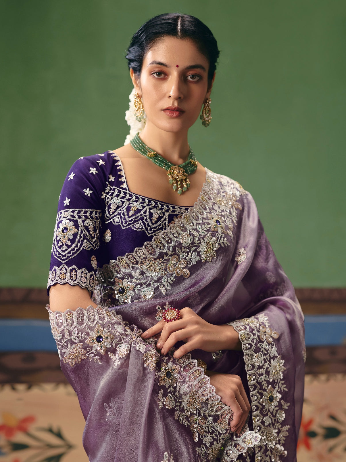 Lavender Purple Designer Embroidered Saree with Sequins &amp; Pearl Work