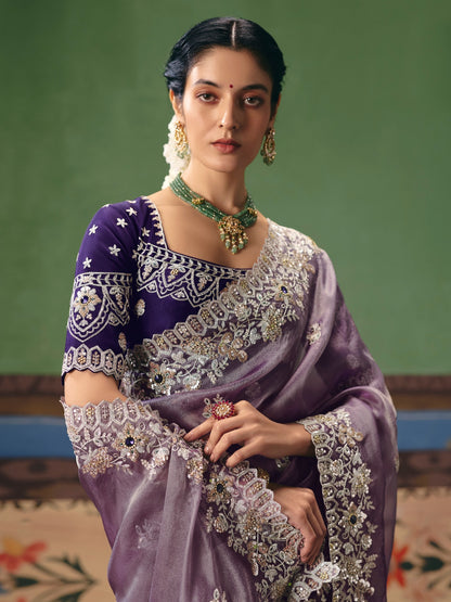 Lavender Purple Designer Embroidered Saree with Sequins &amp; Pearl Work
