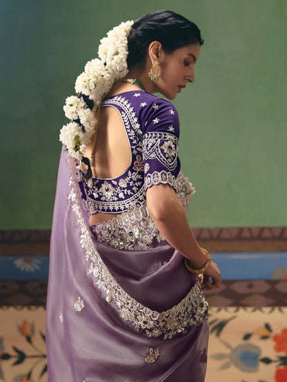 Lavender Purple Designer Embroidered Saree with Sequins &amp; Pearl Work