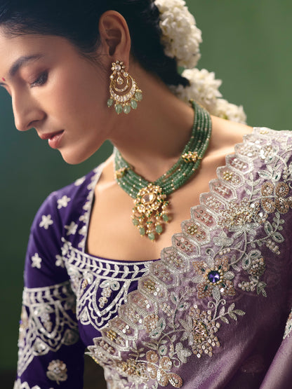 Lavender Purple Designer Embroidered Saree with Sequins &amp; Pearl Work