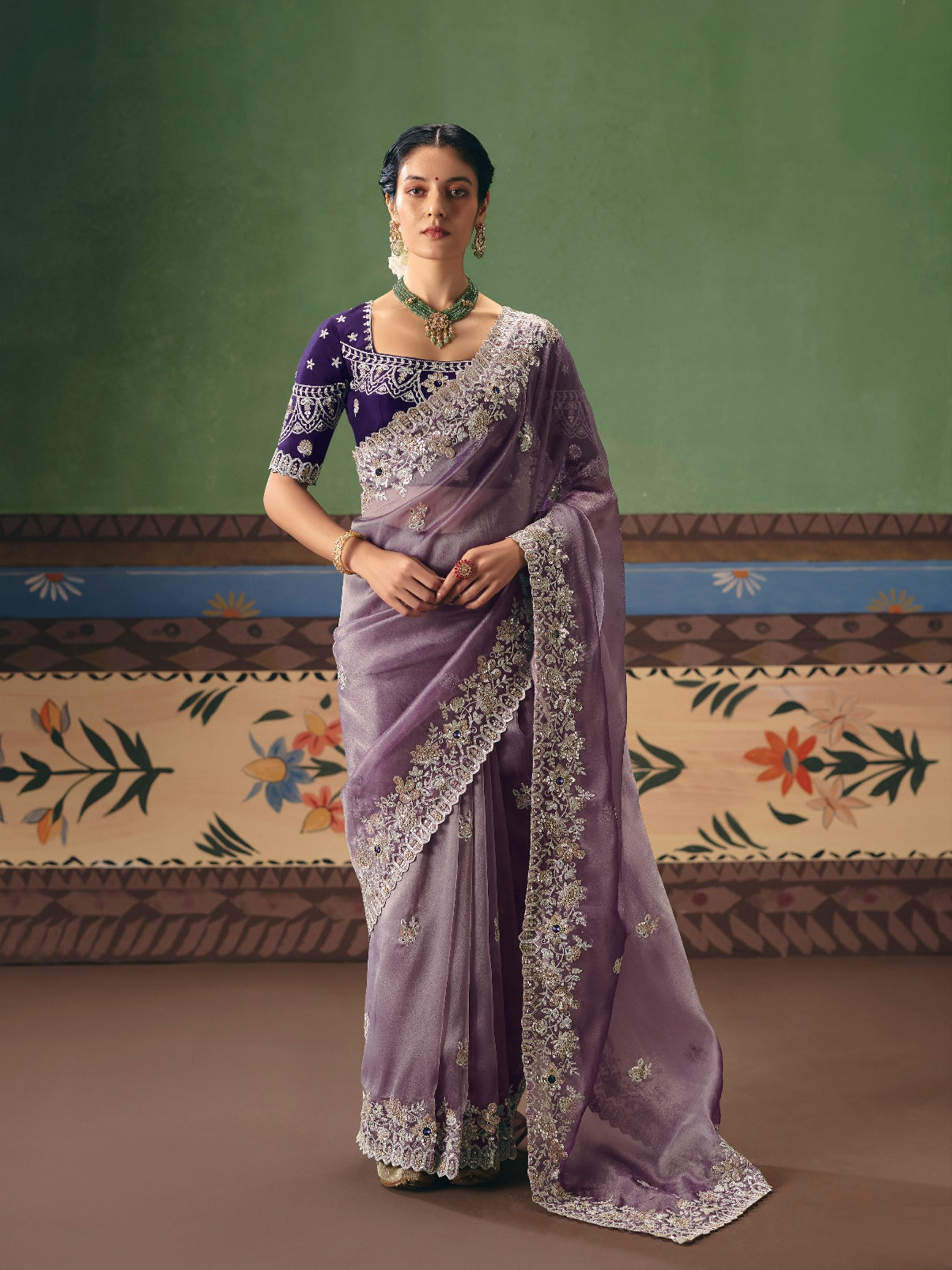 Lavender Purple Designer Embroidered Saree with Sequins &amp; Pearl Work