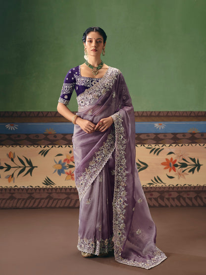 Lavender Purple Designer Embroidered Saree with Sequins &amp; Pearl Work