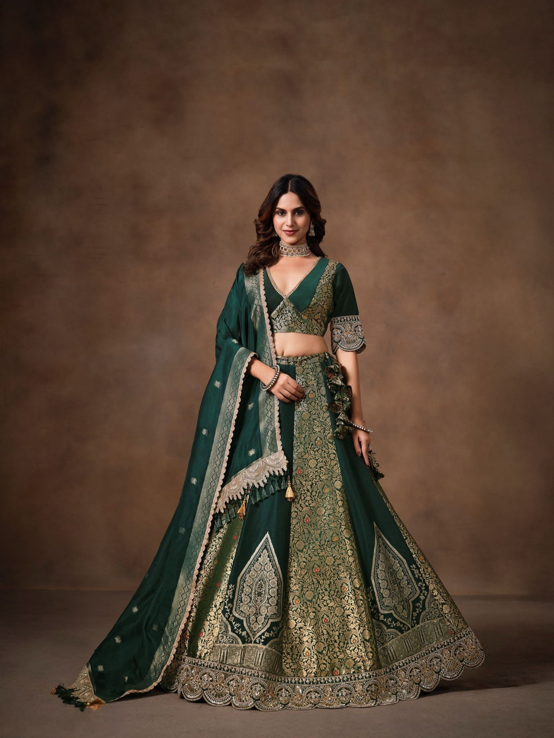 Dark Green Banarasi Lehenga Choli with Heavy Embroidery