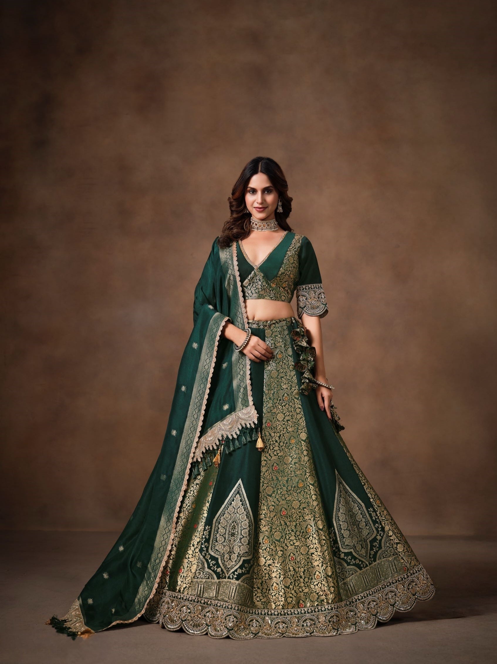 Dark Green Banarasi Lehenga Choli with Heavy Embroidery