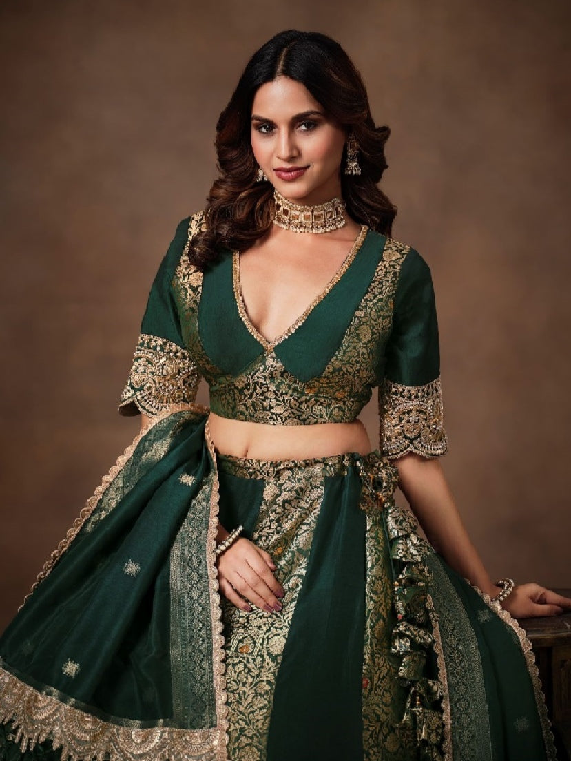 Dark Green Banarasi Lehenga Choli with Heavy Embroidery