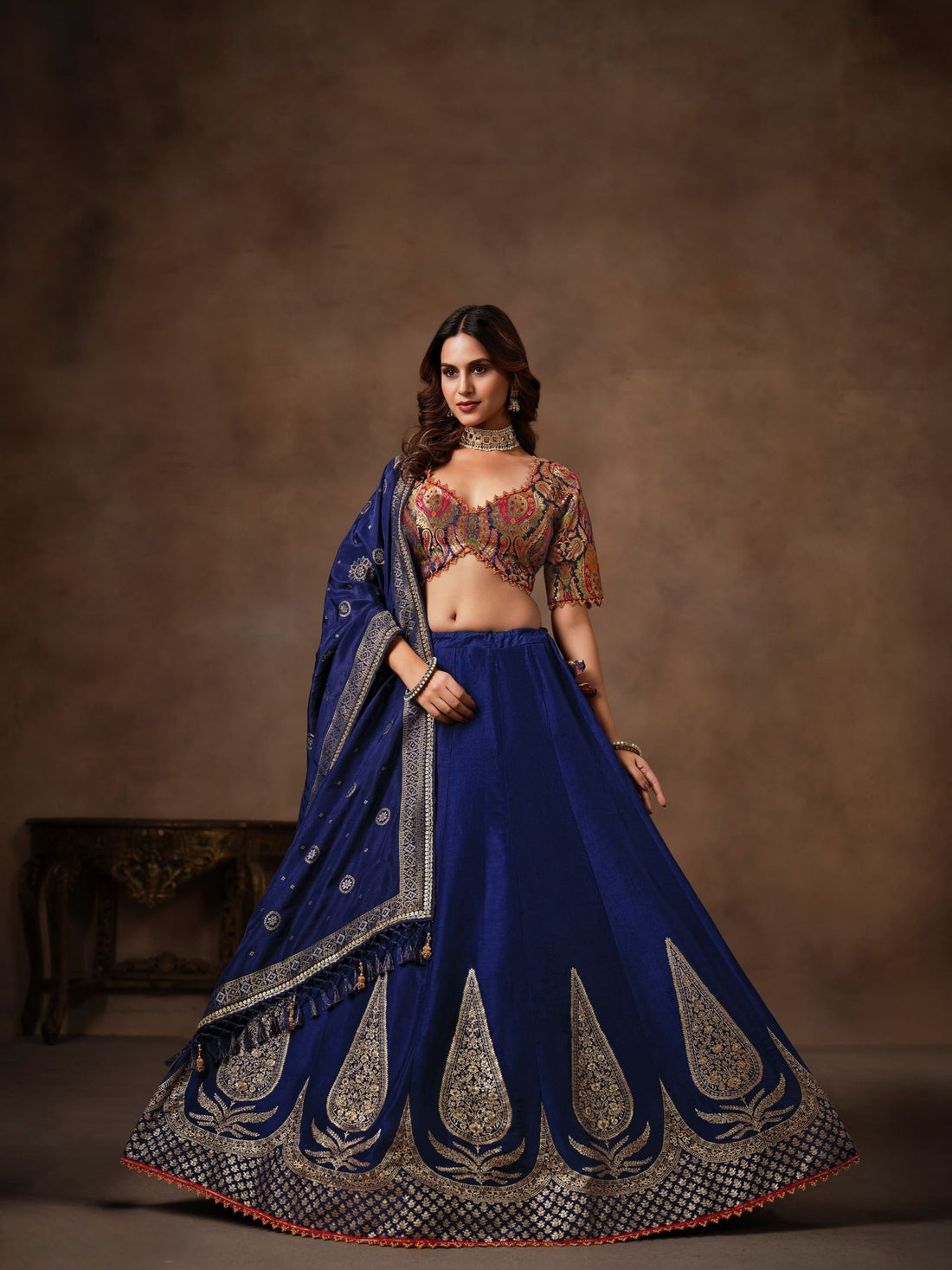 Navy Blue Banarasi Lehenga Choli with Heavy Embroidery