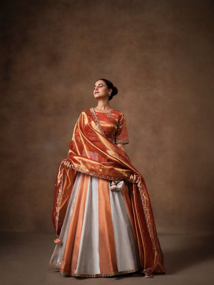 Copper Tissue Lehenga Choli with Sequins, Swarovski &amp; Zari Work