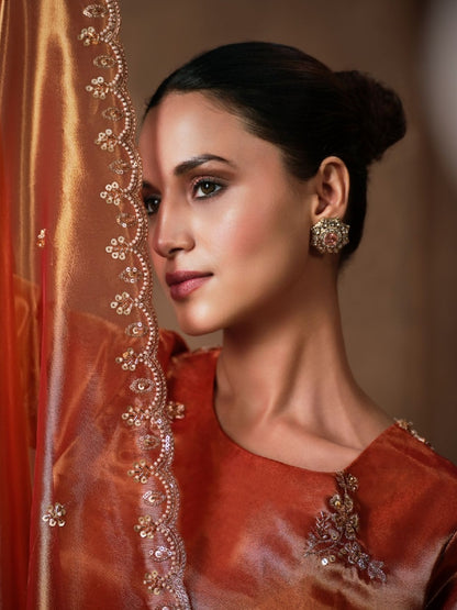 Copper Tissue Lehenga Choli with Sequins, Swarovski &amp; Zari Work