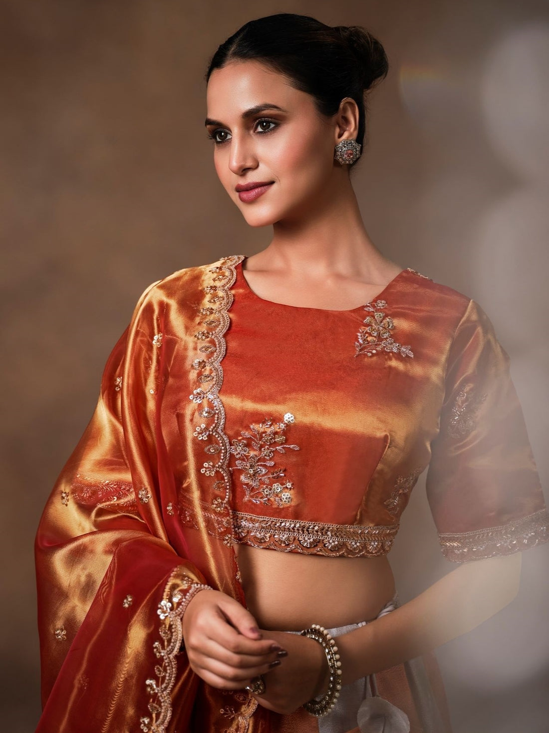 Copper Tissue Lehenga Choli with Sequins, Swarovski &amp; Zari Work