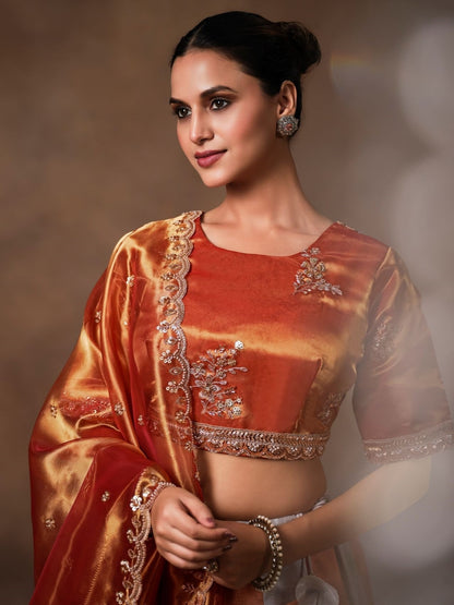 Copper Tissue Lehenga Choli with Sequins, Swarovski &amp; Zari Work
