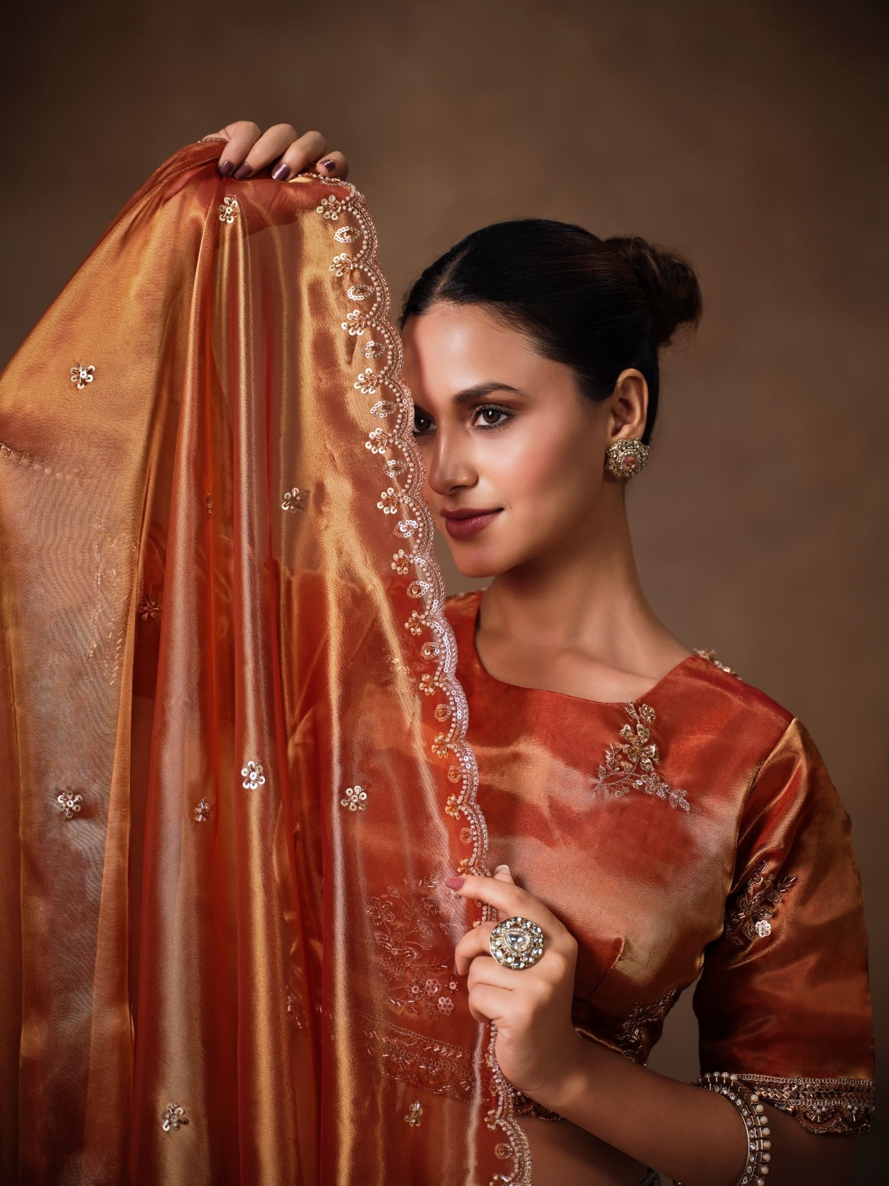 Copper Tissue Lehenga Choli with Sequins, Swarovski &amp; Zari Work